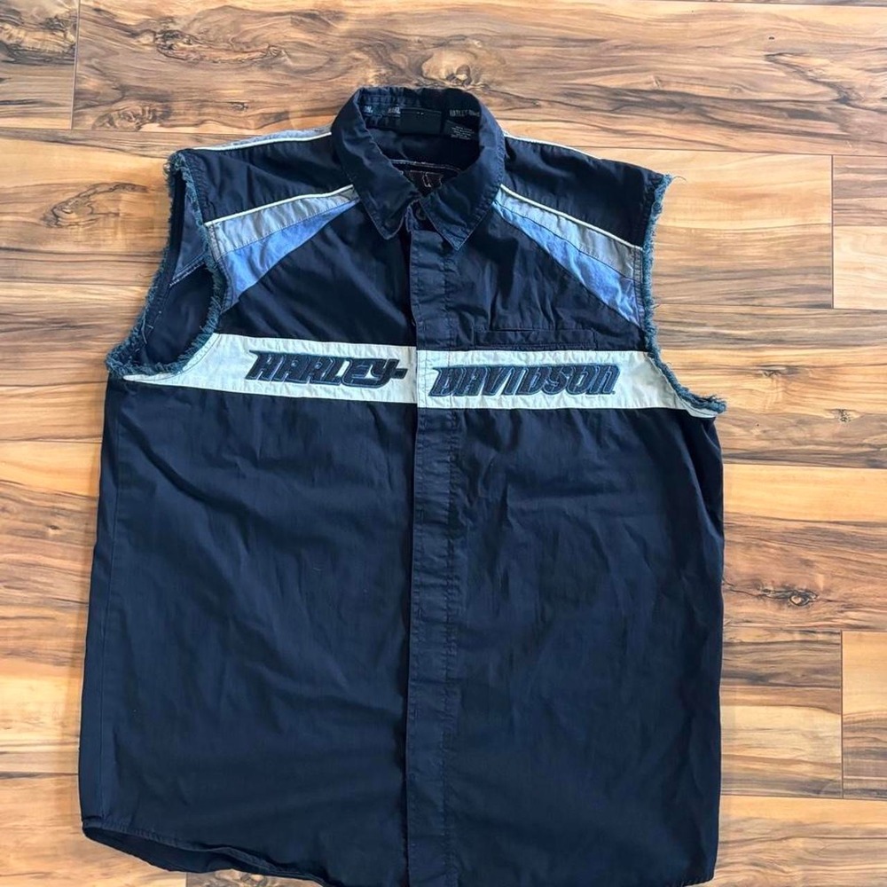 Harley Davidson Sleeveless Button Up Shirt Mens Black Blue Embroidered Biker